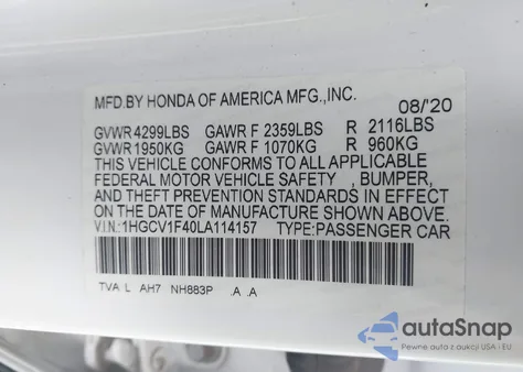 2020 Honda Accord Ex from USA, damaged, VIN 1HGCV1F40LA114157